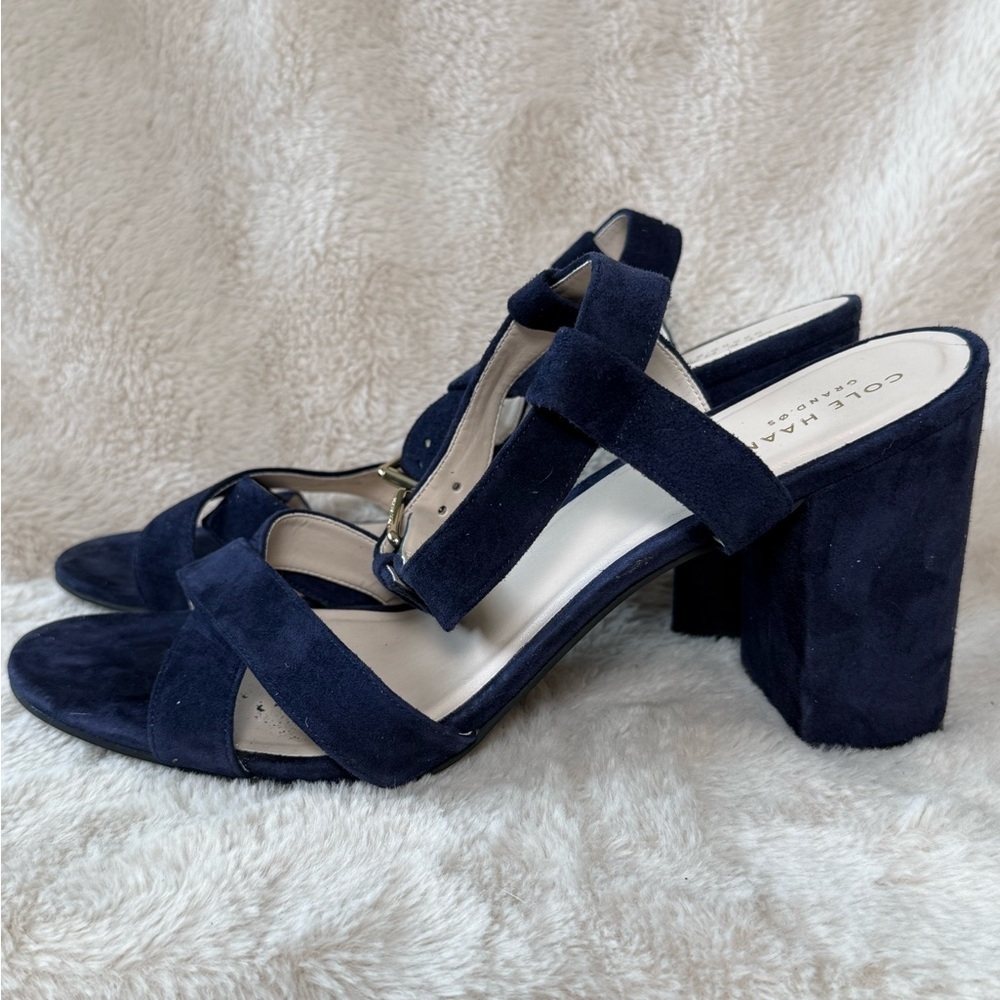 Cole Haan Kadi Sandal Marine Blue Suede Heels Womens Sz 10.5 EUC